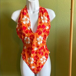 Orange Floral One-Piece backless Swimsuit